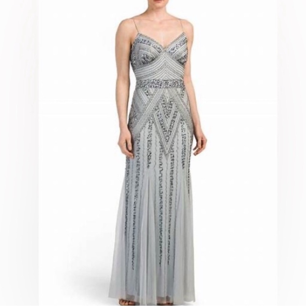 4 Adrianna Papell Light Blue Silver Sequin Strappy Long Dress